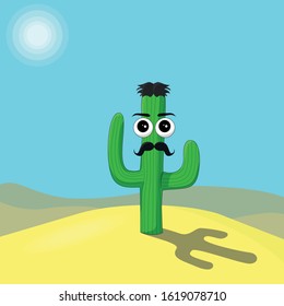 Cartoon Cactus With Hair And Mustache In Hit Sunny Sand Desert Vector Art Illustration. Mexican South Central American Texas Logo Poster Card For Tourism Advertisement