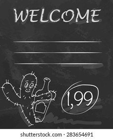 Cartoon cactus holding a bottle of tequila. Hand draw on chalkboard. Vector illustration.