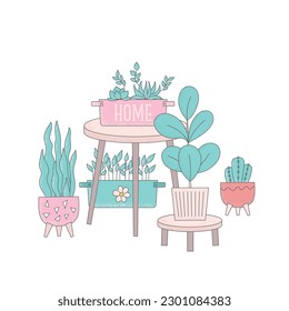 Cartoon cactus, home plants in flowerpot vector illustrations. Hygge home decor, table, urban jungle, houseplants, for stickers, card, story, banner.