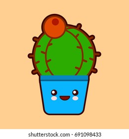cartoon cactus icon with funny face in pot kawaii plant character Flat design Vector Illustration
