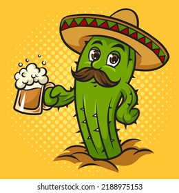 Cartoon cactus in mexican sombrero with beer pop art retro vector illustration. Comic book style imitation.