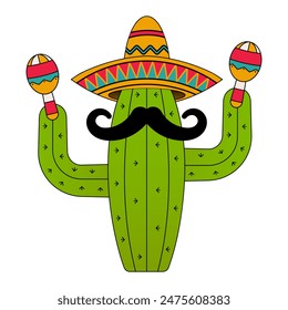 Cartoon Cactus with Moustache, Sombrero and Maracas sticker, icon logo vector illustration