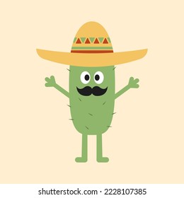 Cartoon cactus with mustache in mexican sombrero isolated on yelllow background. Cute character vector illustration. Flat style