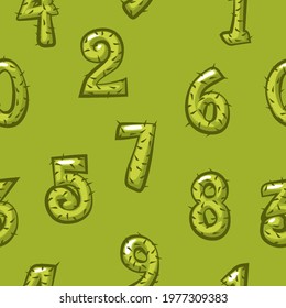Cartoon cactus numbers seamless pattern, background green bright figures for game ui.