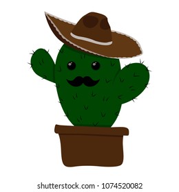 Cartoon cactus plant with mexican hat on a white background