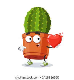 cartoon cactus plant in a pot character mascot keeps the heart on white background