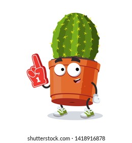 cartoon cactus plant in a pot character mascot with the number 1 one sports fan hand glove on a white background