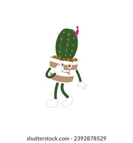 Cartoon cactus plant in a pot character mascot in black sunglasse, cartoon characters stickers. Spiky plant in different poses, actions and with face expressions