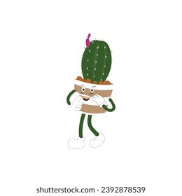 Cartoon cactus plant in a pot character mascot in black sunglasse, cartoon characters stickers. Spiky plant in different poses, actions and with face expressions