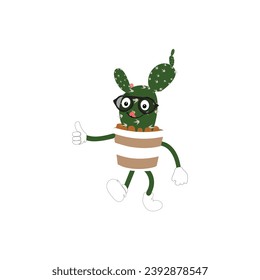 Cartoon cactus plant in a pot character mascot in black sunglasse, cartoon characters stickers. Spiky plant in different poses, actions and with face expressions