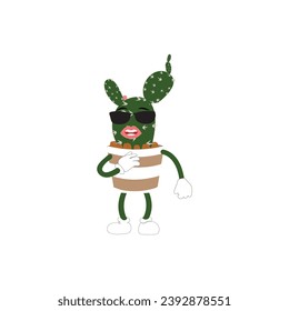 Cartoon cactus plant in a pot character mascot in black sunglasse, cartoon characters stickers. Spiky plant in different poses, actions and with face expressions
