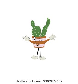 Cartoon cactus plant in a pot character mascot in black sunglasse, cartoon characters stickers. Spiky plant in different poses, actions and with face expressions