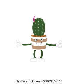 Cartoon cactus plant in a pot character mascot in black sunglasse, cartoon characters stickers. Spiky plant in different poses, actions and with face expressions