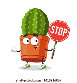 cartoon cactus plant in a pot mascot with tablet stop in hand on white background