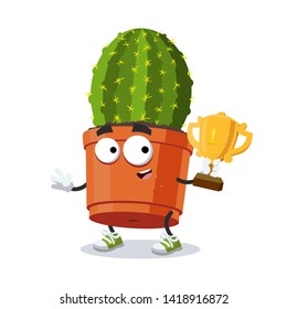 cartoon cactus plant in a pot mascot holds the number one cup on white background