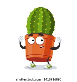 cartoon cactus plant in a pot mascot shows its strength on a white background