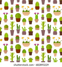 Cartoon Cactus Plant in Pots Background Pattern for Home or Office. Vector illustration