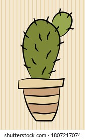 Cartoon cactus in pot. Hand drawn style. Black outline. Vector illustration.