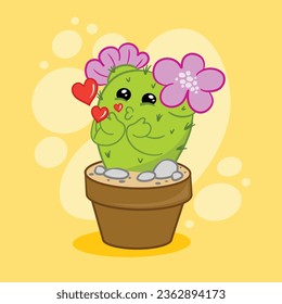 Cartoon cactus in a pot of pink flowers sends an air kiss on a yellow background. Flat vector illustration