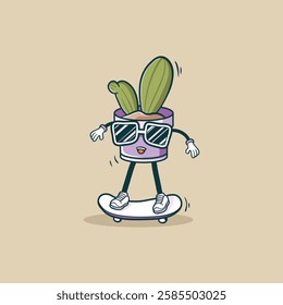 A cartoon cactus in a pot wearing sunglasses skateboards happily.