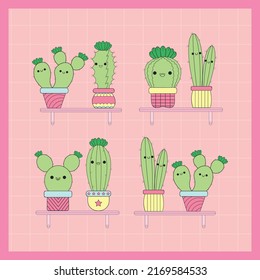 Cartoon cactus and pots with different emotions. Emoticons 	