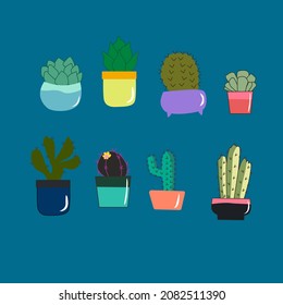 Cartoon cactus in the pots vector pack. doodle style. illustration