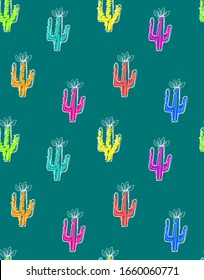 Cartoon cactus repeat pattern. Seamless print with plants illustration for fashion textile, clothes, wrapping paper. 