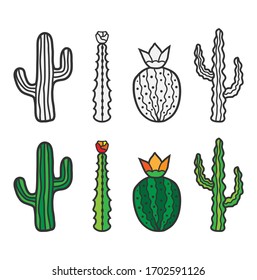 Cartoon cactus set. Collection of desert plants. Coloring book pages for kids.
