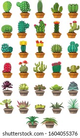 Cartoon cactus set. Vector set of bright cacti and aloe. Colored, bright cacti flowers isolated on white background