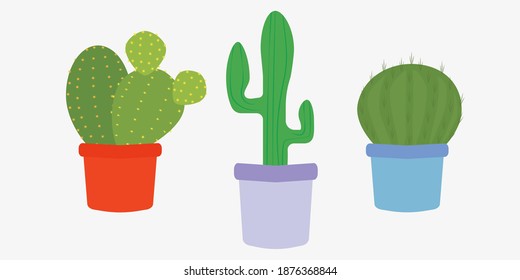 Cartoon cactus set. Vector set of bright cactuses in pots. Cacti isolated on white background.