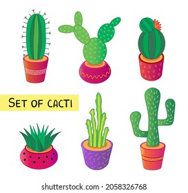 Cartoon cactus set. Vector set of bright cacti, aloe. Colored, bright cacti flowers isolated on white background. Illustration for backgrounds, wallpaper, packaging, greeting cards, posters, stickers.