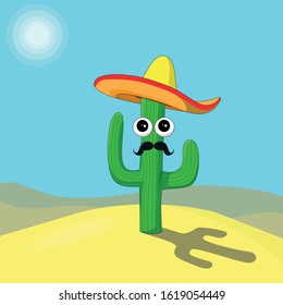 Cartoon Cactus With Sombrero Hat And Mustache In Hot Sunny Sand Desert Vector Art Illustration. Mexican South Central American Texas Logo Poster Card For Tourism Advertisement