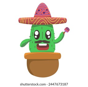 Cartoon cactus with sombrero and maracas in pot, suitable for Mexican themed designs, fiesta invitations, or desert themed illustrations.