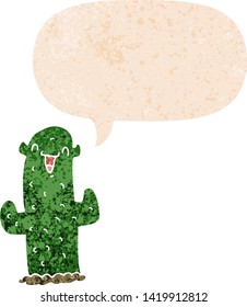 cartoon cactus with speech bubble in grunge distressed retro textured style