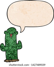 cartoon cactus with speech bubble in retro texture style