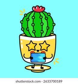 Cartoon Cactus with star eyes, cheerfully browsing tablet, merging digital world with playful botanical charm