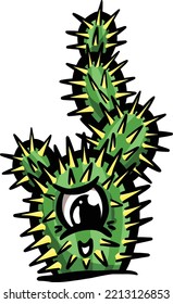 Cartoon Cactus or Succulent Character with Face In Vector Illustration