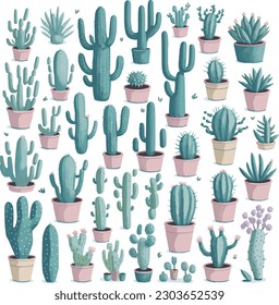 Cartoon cactus and succulent clipart - isolated cute potted cacti images on white background, vector bundle with desert green blooming palnts, colorful icons set