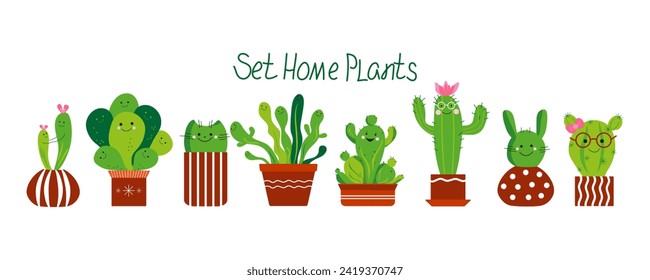 Cactus de caricatura y suculento.  Flores en macetas. Conjunto de plantas. Planta de la casa, maceta. Cuchara de cerámica. Ilustración vectorial en el fondo aislado.