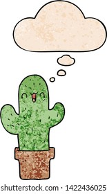 cartoon cactus with thought bubble in grunge texture style