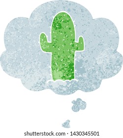 cartoon cactus with thought bubble in grunge distressed retro textured style