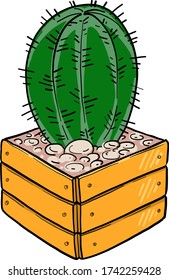 Cartoon cactus in a wooden pot. Vector illustration on a white background. Bright picture.