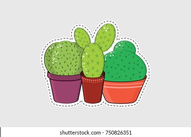 Cartoon cactuses icons, patches, stickers. Isolated illustrations - great for stickers, embroidery, badges. Baby and kids style 