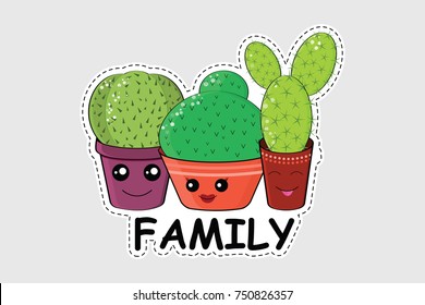 Cartoon cactuses icons, patches, stickers. Isolated illustrations - great for stickers, embroidery, badges.Hilarious family of cacti. Cute kawaii smiling cactuses. Baby and kids style 