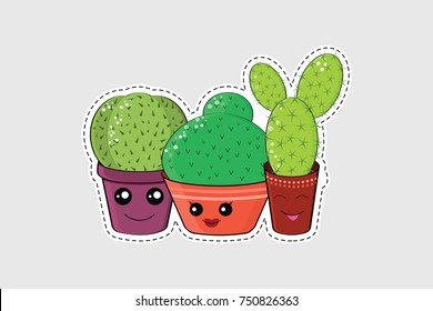 Cartoon cactuses icons, patches, stickers. Isolated illustrations - great for stickers, embroidery, badges.Hilarious family of cacti. Cute kawaii smiling cactuses. Baby and kids style 