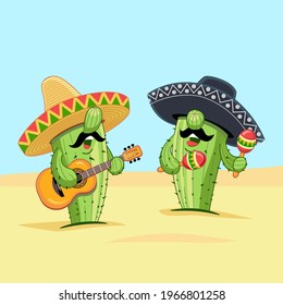 Caricatura con sombrero mariachi con guitarra y maracas. Personajes para celebrar la fiesta nacional de México Cinco de Mayo