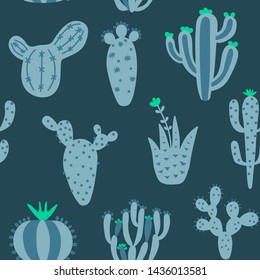 Cartoon cactuses seamless pattern. Bright texture with different cacti. Blue childish vector illustration. Nursery print on colorful background.