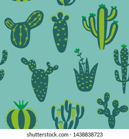 Cartoon cactuses seamless pattern. Bright texture with different cacti. Blue and green childish vector illustration. Nursery print on colorful background.