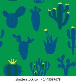 Cartoon cactuses seamless pattern. Bright texture with different cacti. Blue and green childish vector illustration. Nursery print on colorful background.