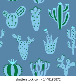 Cartoon cactuses seamless pattern. Colorful mexican texture with different cute cacti. Blue colour floral print. Childish design, vector illustration print on multicolored background.